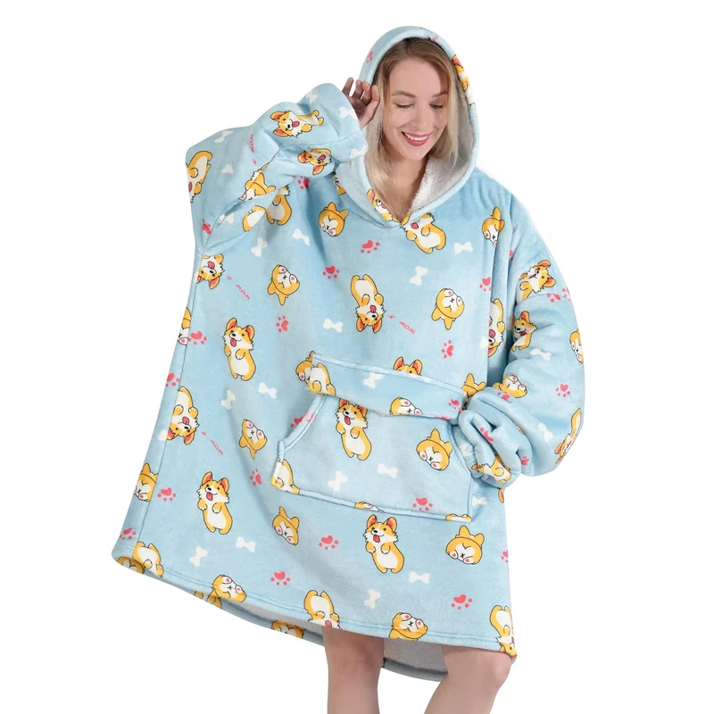 Mewkou Wearable Blanket Hoodie for Adult,Oversized Sherpa Sweatshirt Wearable Blanket with Giant Pocket,Super Warm Soft Flannel Hooded Blanket,Christmas Gifts for Women Men,Corgi