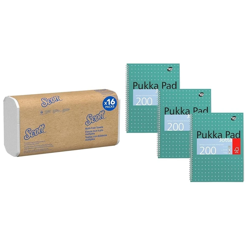 Scott Multifold Hand Towels 1804 - Z Fold Paper Towels - 16 Packs x 250 White Paper Hand Towels & Pukka Pad, A4 Metallic Jotta Book 3 Pack – 21 x 30cm – Wirebound Notebook