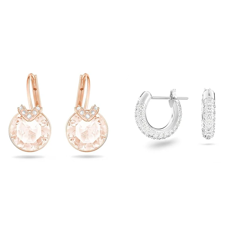 Swarovski Bella V drop earrings, Round cut, Pink, Rose gold-tone plated & Stone hoop earrings, Small, White, Rhodium plated