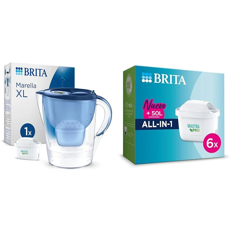 BRITA MAXTRA PRO All in One Water Filter Cartridge 6 Pack - Original BRITA Refill red & Marella XL Water Filter Jug Blue (3.5L) incl. 1x MAXTRA PRO All-in-1 Cartridge - Large-Volume jug with Digital - Image 1