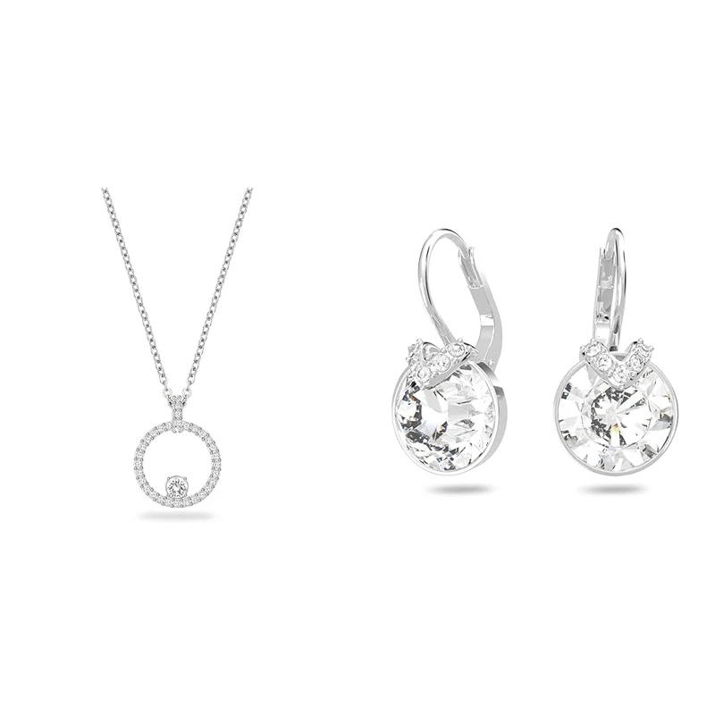 Swarovski Creativity pendant, Circle, White, Rhodium plated & Bella Drop Pierced Earrings with Round White Crystals and Matching Pavé on a Rhodium Plated Setting with a Lever Back Closure - Image 1