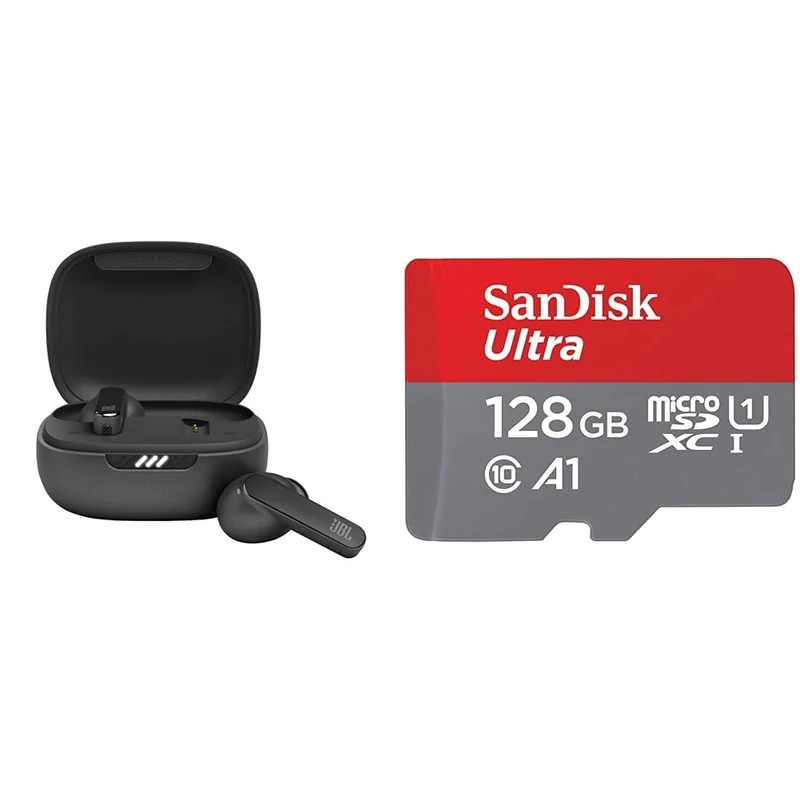 JBL Live Pro 2 TWS Earphones, In Ear, Noise Cancelling Bluetooth Earphones with 40 hours of Battery Life, Water Resistant Black & SanDisk 128GB Ultra microSDXC card + SD adapter up to 140 MB/s