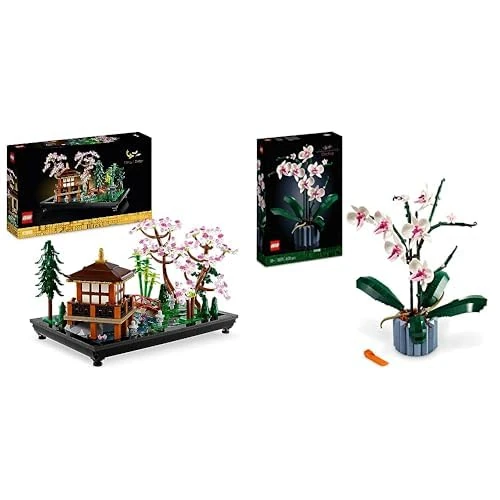 LEGO 10315 Icons Tranquil Garden, Botanical Zen Garden Kit with Lotus Flowers, Customisable Desk Decoration & 10311 Icons Orchid Artificial Plant Building Set with Flowers