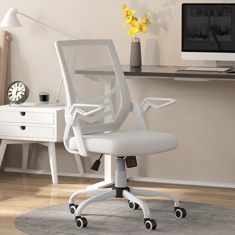 Vinsetto Office Chair with Flip-up Armrest, Mid Back Desk Chair with Mesh Back, Lumbar Support, Adjustable Height, Swivel Wheels for Home, White