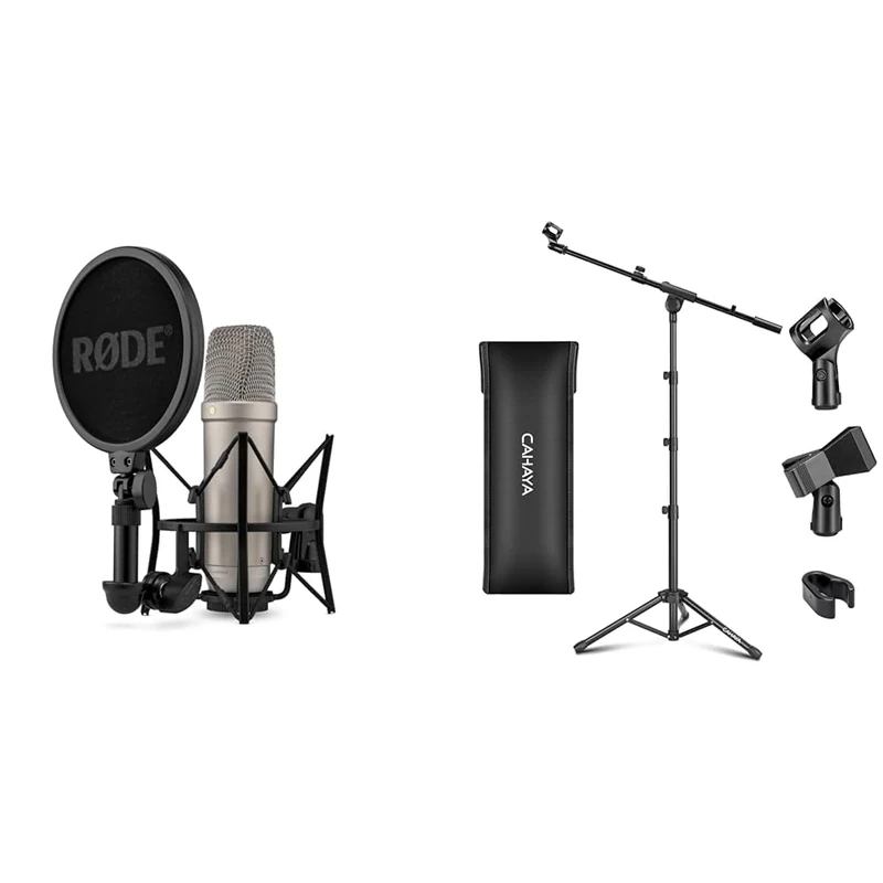 RØDE NT1 5th Generation Large-diaphragm Studio Condenser Microphone with XLR and USB Outputs & CAHAYA Tripod Boom Sheet Microphone Stand Metal Portable with Carrying Bag