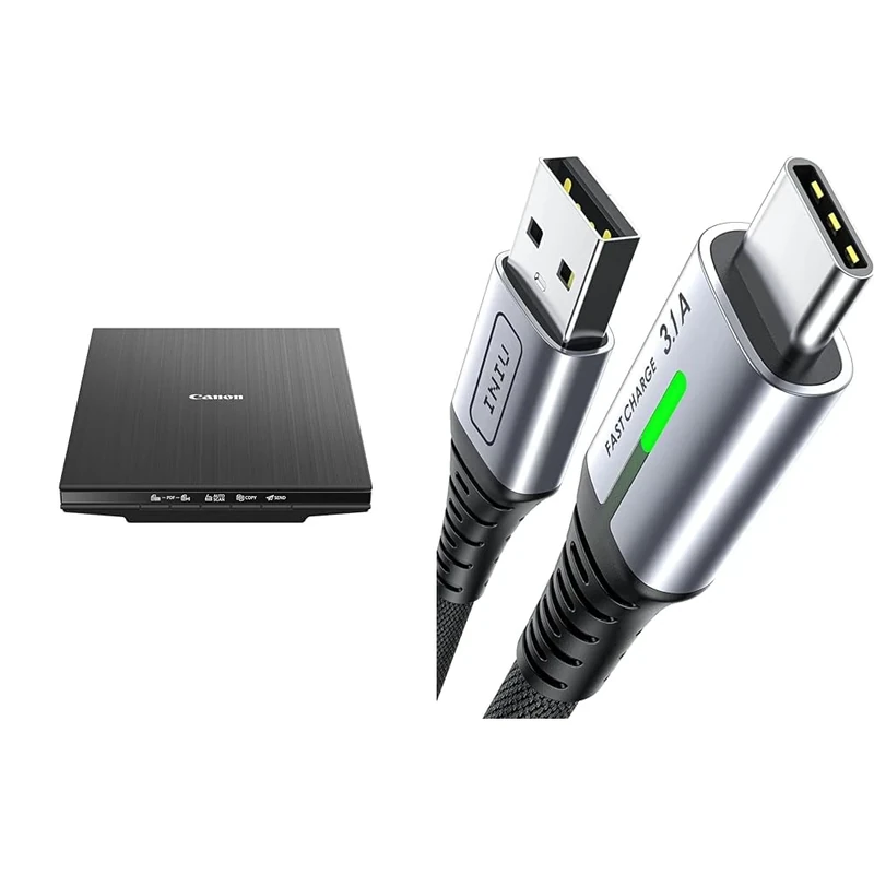 Canon LiDE 400 Colour Flatbed Scanner - Black & INIU USB-C Charger Cable, 2m/3.1A Fast Charging, Zinc Alloy Braided Type C to USB-A Phone Charger - Image 1