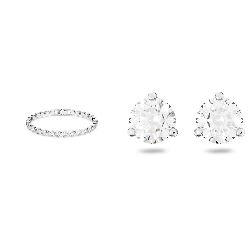 Swarovski Tennis bracelet, Round cut, White, Rhodium plated & Solitaire stud earrings, Round cut, White, Rhodium plated
