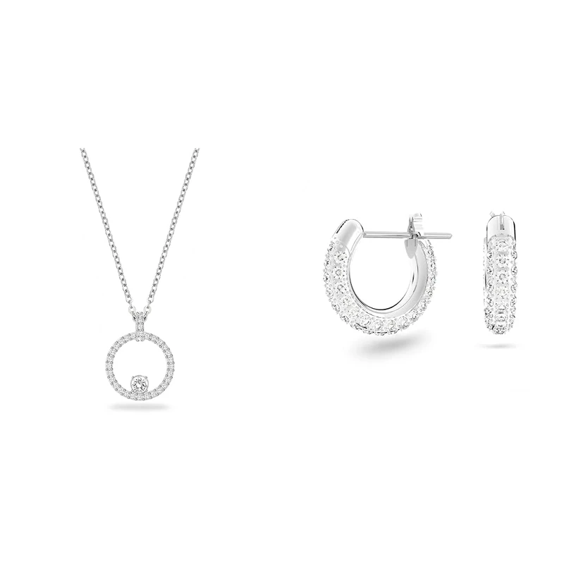 Swarovski Creativity pendant, Circle, White, Rhodium plated & Stone hoop earrings, Small, White, Rhodium plated - Image 1