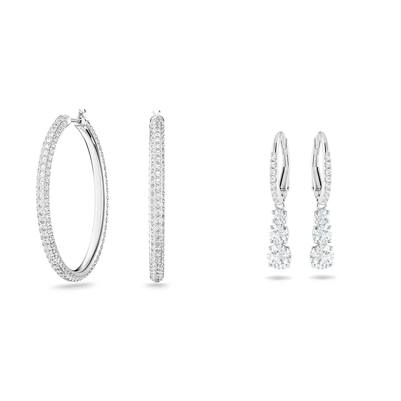 Swarovski Stone hoop earrings, White, Rhodium plated & Attract Trilogy earrings, White, Rhodium plated - Image 1