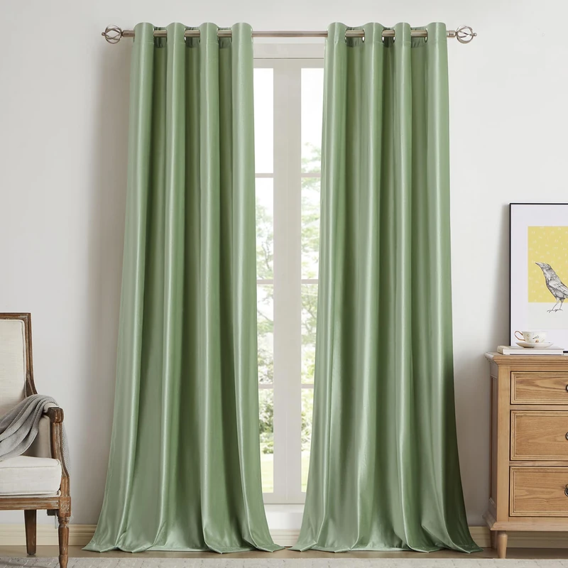 BULBUL Velvet Sage Green Curtains 90 inch Length- Living Room Blackout Thermal Window Drapes Darkening Decor Grommet Curtains for Bedroom Set of 2 Panels