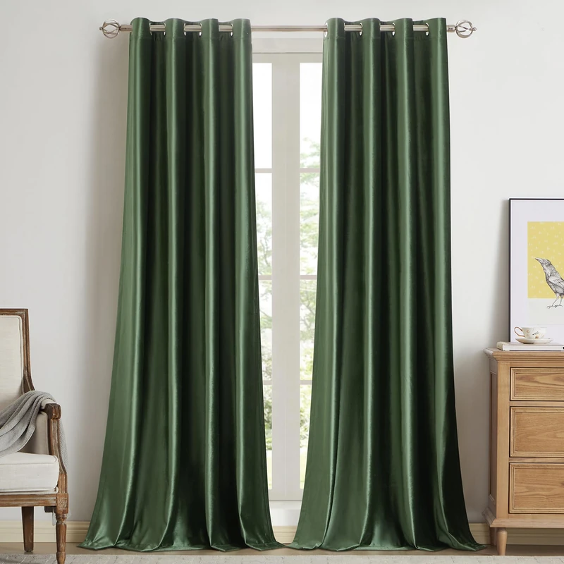 BULBUL Velvet Emerald Olive Green Curtains 120 inch Length- Living Room Blackout Thermal Window Drapes Darkening Decor Grommet Curtains for Bedroom Set of 2 Panels