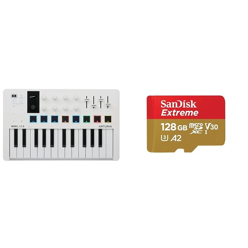 Arturia - MiniLab 3 - Universal MIDI Controller for Music Production, with All-in-One Software Package & SanDisk 128GB Extreme microSDXC card + SD adapter + RescuePRO Deluxe, up to 190MB/s