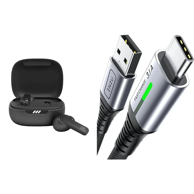JBL Live Pro 2 TWS Earphones, In Ear, Noise Cancelling Bluetooth Earphones with 40 hours of Battery Life, Water Resistant Black & INIU USB C Charger Cable, [2m/3.1A] Type C Cable Fast Charging