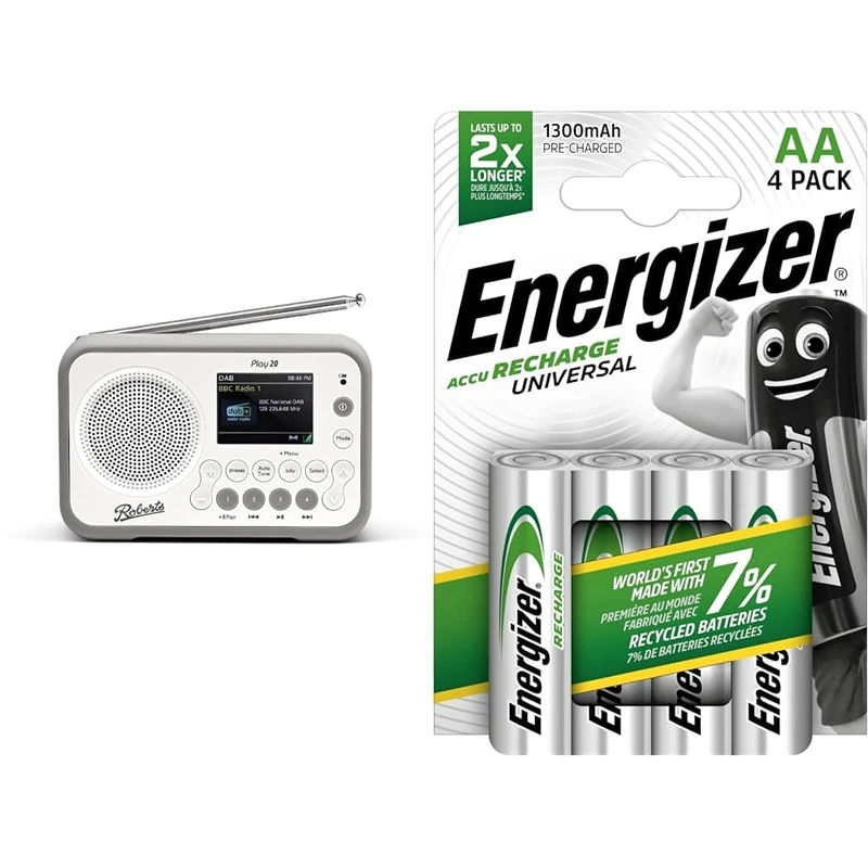 Roberts PLAY20 Compact and Portable DAB/DAB+/FM Digital Radio, Rubber-Protected, Full Colour Screen, White & Energizer Rechargeable AA Batteries, Universal Double AA, Pack of 4
