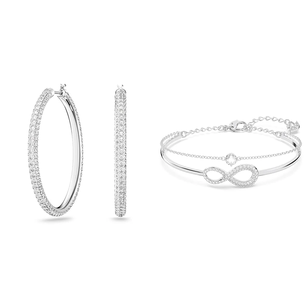 Swarovski Stone hoop earrings, White, Rhodium plated & Infinity bangle, Infinity, White, Rhodium plated