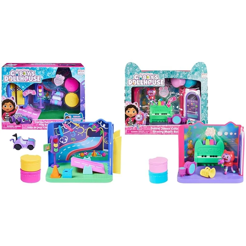 Gabby's Dollhouse, Groovy Music Room with Daniel James Catnip Figure, 2 Accessories, 2 Furniture Pieces and 2 Deliveries & Carlita Purr-ific Play Room with Carlita Toy Car, Accessories