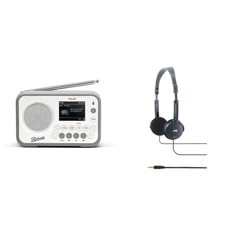 Roberts PLAY20 Compact and Portable DAB/DAB+/FM Digital Radio, Rubber-Protected, Full Colour Screen, White & JVC Wired Lightweight Headphones - Black - Image 1