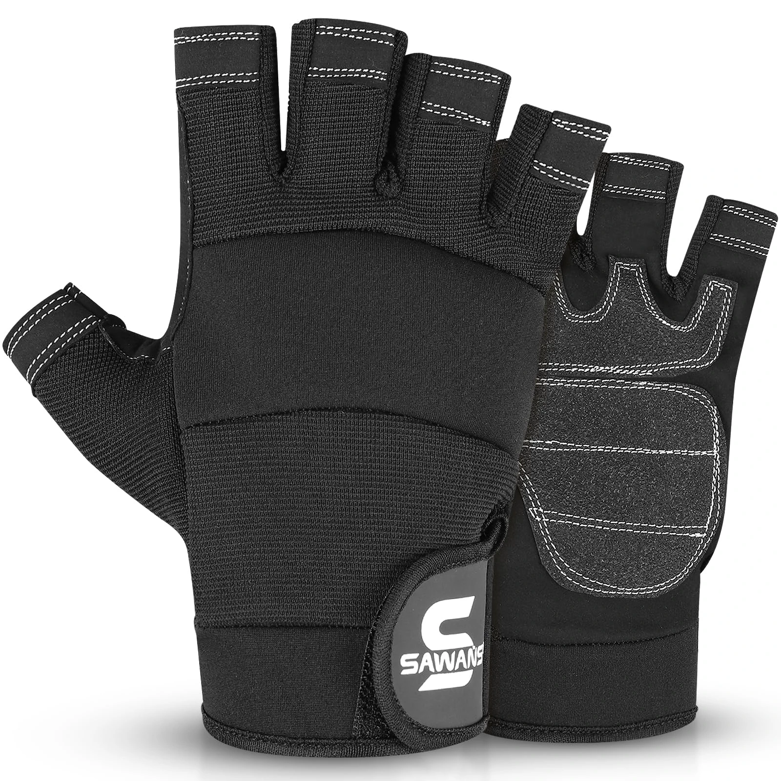 SAWANS Fingerless Working Gloves for Men Performance Heavy Duty Half-Finger Work Gloves Mechanic Anti Slip Safety Gloves for Work Warehouse Training Dexterity Carpenters Rigger Gloves (Black, L)