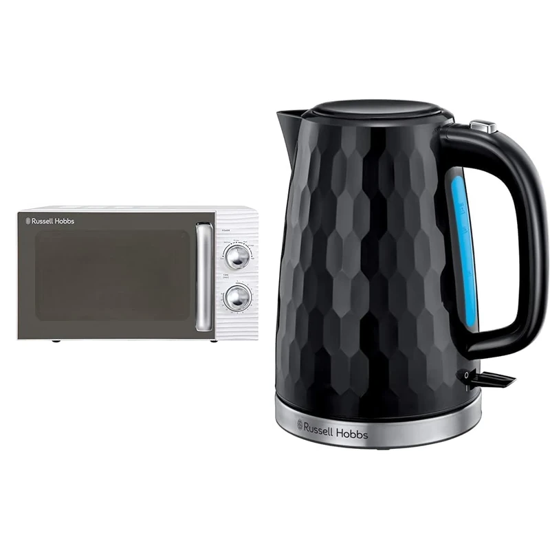 Russell Hobbs RHM1731 INSPIRE White 17 Litre Manual Microwave & 26051 Cordless Electric Kettle - Contemporary Honeycomb Design with Fast Boil and Boil Dry Protection, 1.7 Litre, 3000 W, Black - Image 1
