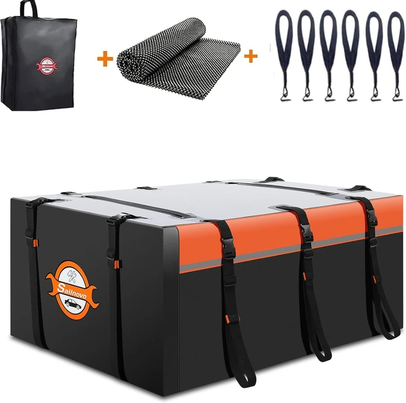 Sailnovo Roof Bag Box Soft-Shell Carrier 21 Cubic Feet with Anti-slip Mat + 6 Door Hooks, Waterproof PVC Car Roof Bag Roof Boxes Fit Car with/without Luggage Rack, Black