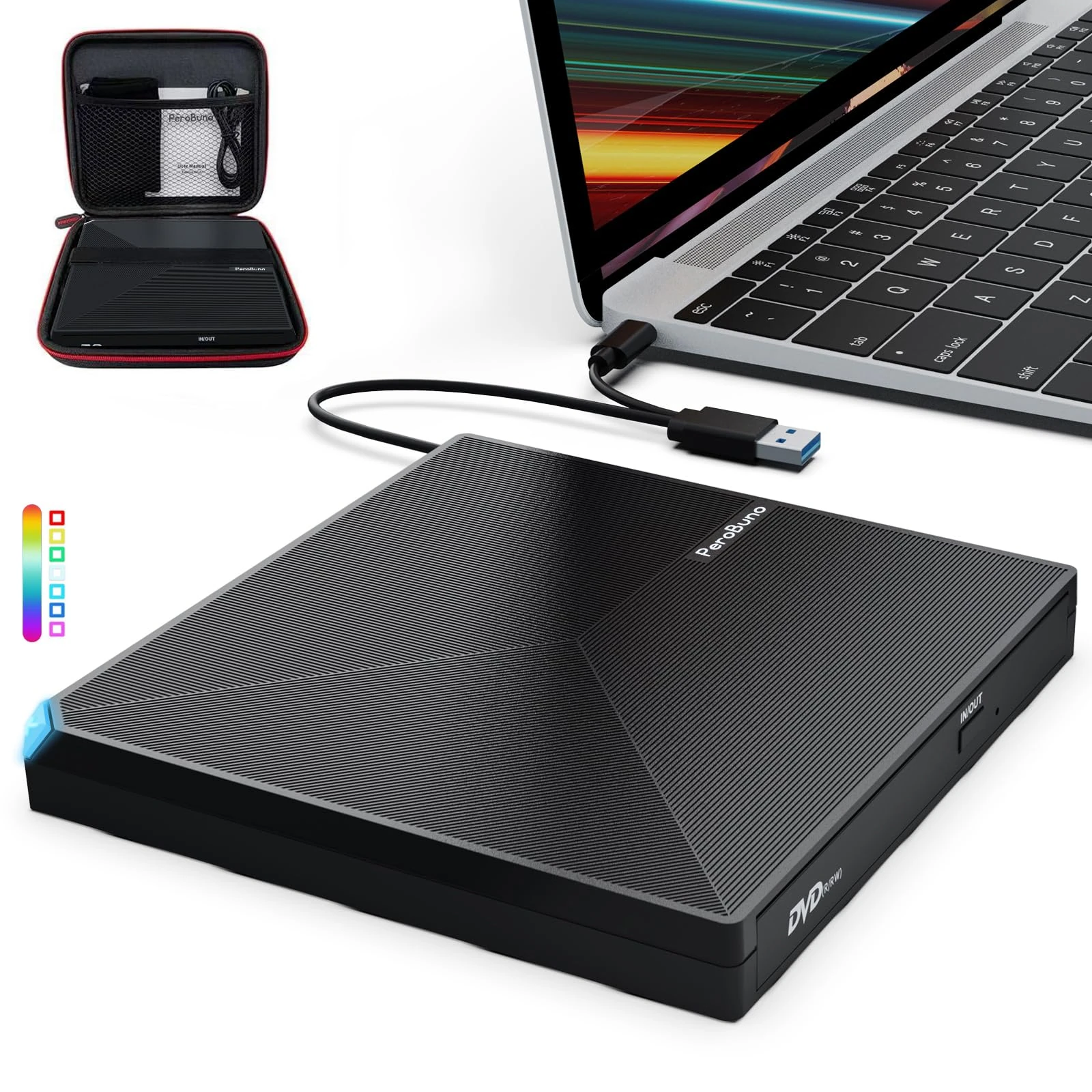 PeroBuno External CD DVD Drive, USB 3.0 & Type-C, CD/DVD -/+RW, PC Laptop Desktop iMac MacBook Pro/Air, Windows 11/10/8/7/XP Linux Mac OS