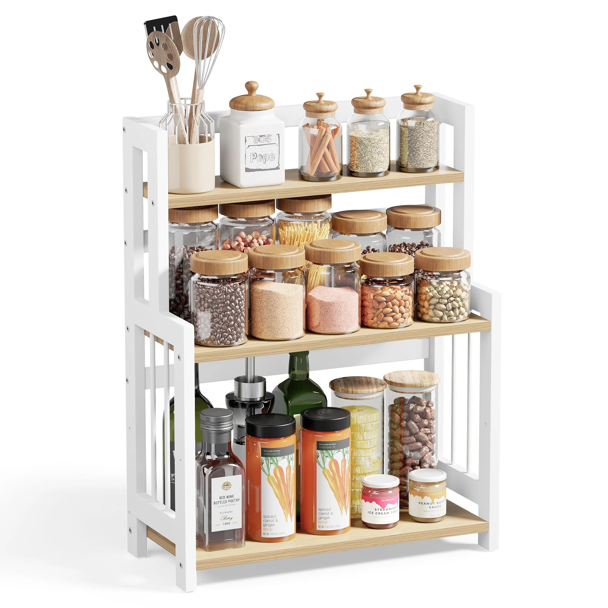 SONGMICS Spice Rack, 3-Tier Countertop Storage Shelf, Desktop Organiser with Bamboo Frame, for Kitchen, Dining Room, Office, Natural Oak OFS047Y01