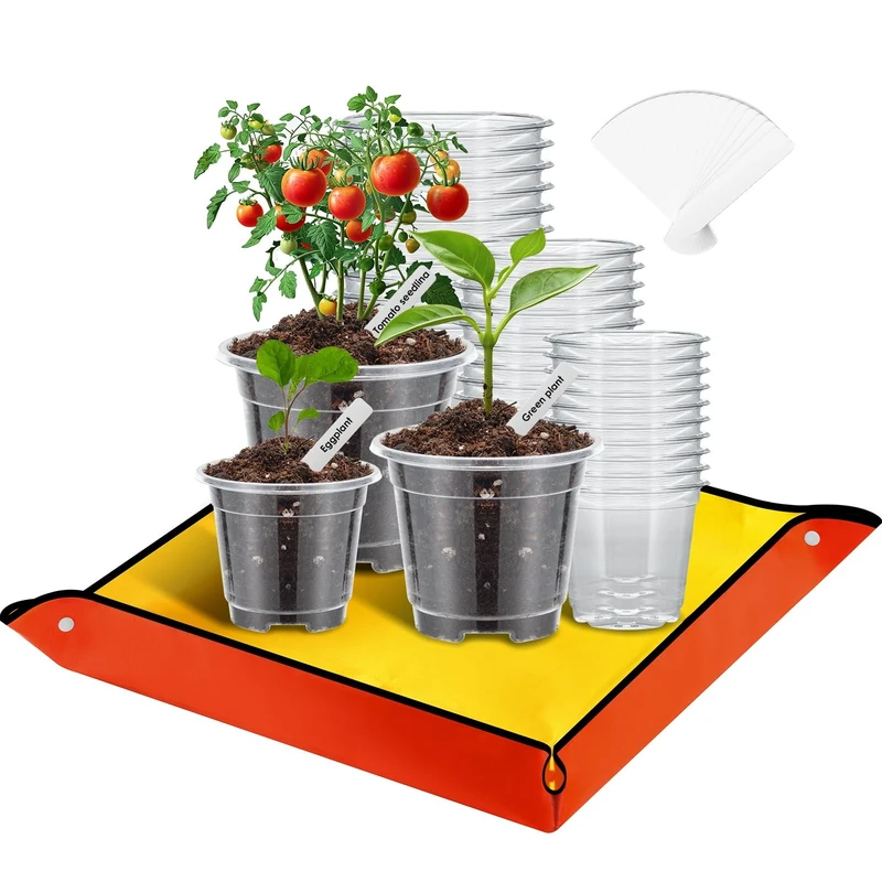Mactoou 30Pcs Plastic Plant Pots with Repotting Mat, 8.9cm 10.2cm 12.7cm Orchid Pot with Holes, Clear Nursery Pots with 20pcs Plant Labels, 66cm x 66cm PE Planting Mat for Indoor Garden Plants