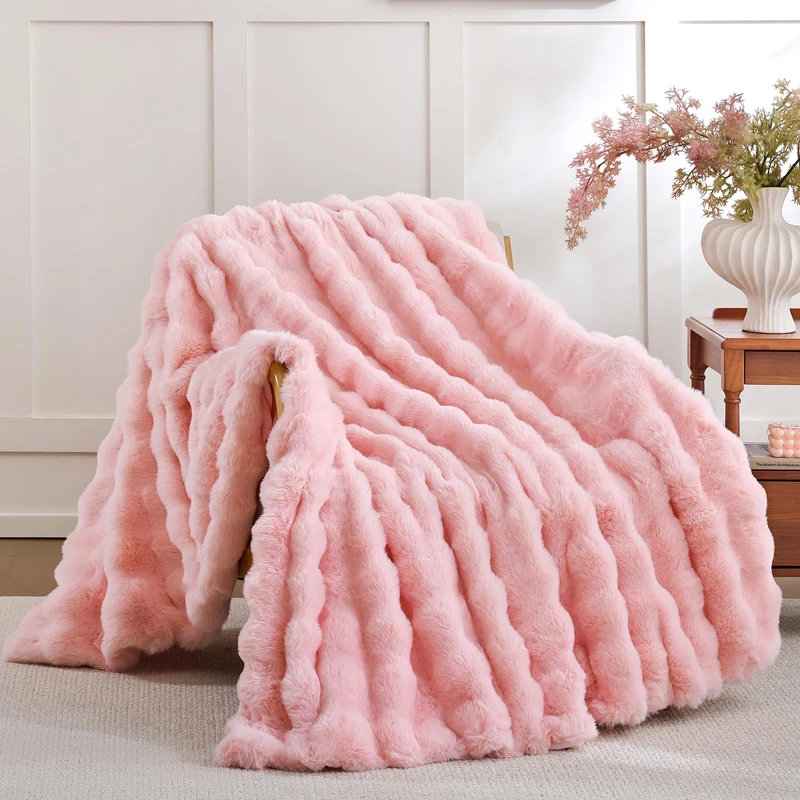 Smoofy Faux Fur Rabbit Fleece Blanket - Blush Pink Fluffy Throw for Sofa, Cozy Soft Plush for Couch Bed, Luxury Thick Fuzzy for Winter, Comfy Bubble - 50" x 60"
