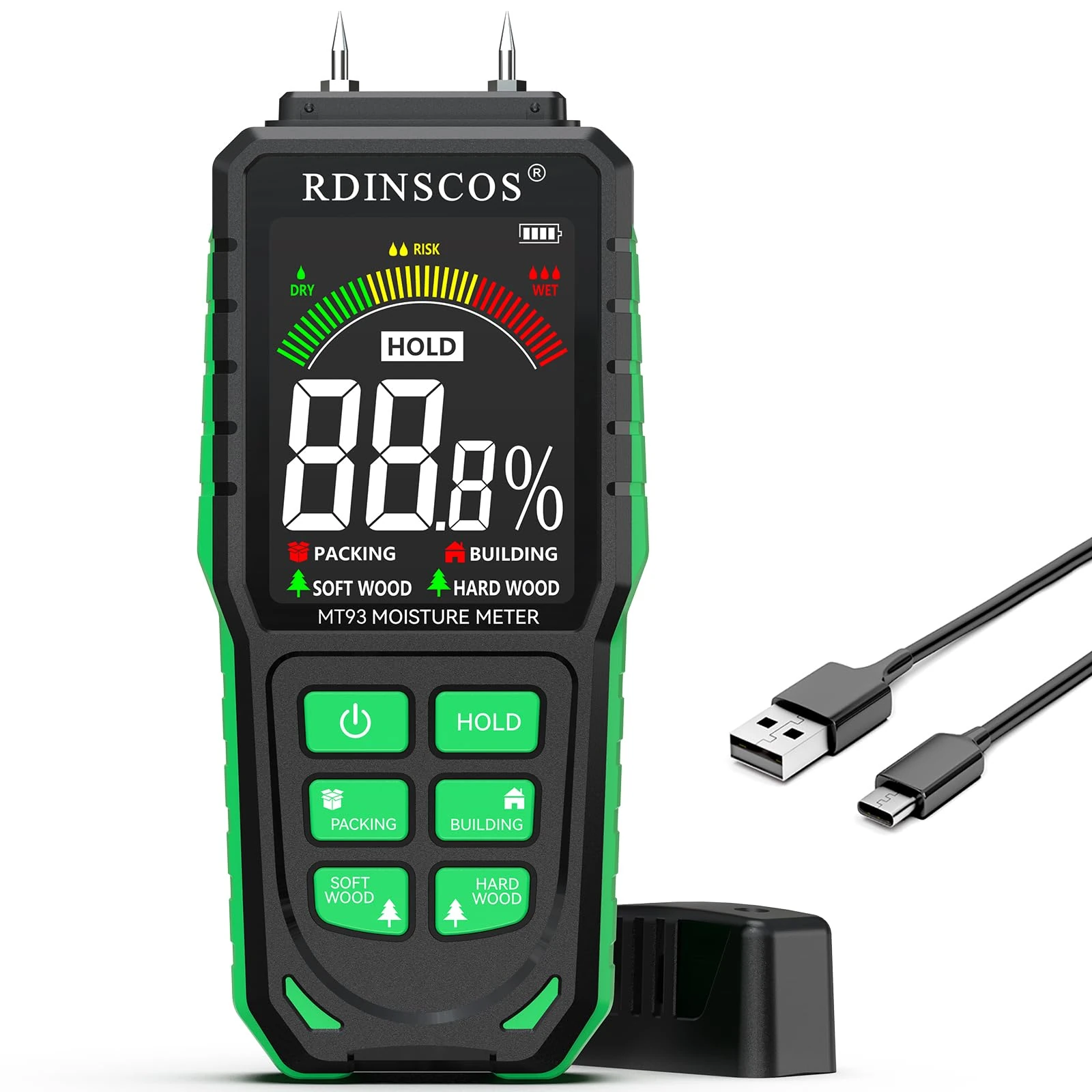RDINSCOS Wood Moisture Meter Pin-Type Damp Meter Detector Rechargeable Firewood Moisture Tester with LCD Display Moisture Detector for Timber,Wood,Logs,Floor,Buliding Material