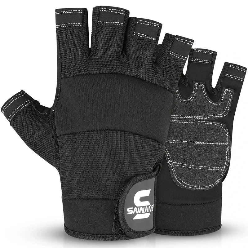 SAWANS Fingerless Working Gloves for Men Performance Heavy Duty Half-Finger Work Gloves Mechanic Anti Slip Safety Gloves for Work Warehouse Training Dexterity Carpenters Rigger Gloves (Black, XL)