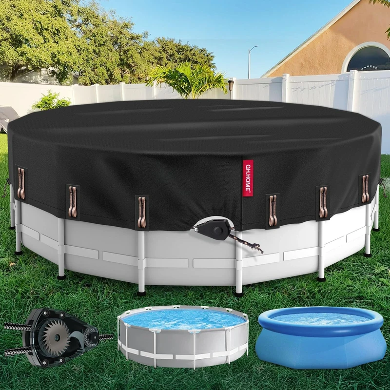 QH.HOME 18Ft Round Pool Cover with 738N Strong Tear Resistant [600D Upgrade Extra Dense Fabric] Swimming Pool Cover for Above Ground Pools, Solar Pool Cover with Fade Resistant, Windproof