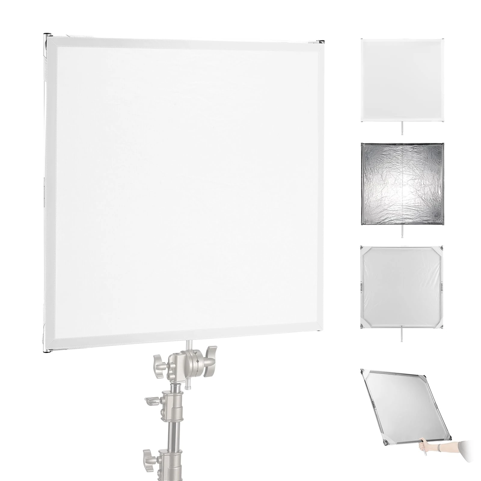NEEWER Light Diffusion Panel Scrim Kit with Silver/White Reflector Film 30"x30" Foldable Frame with 5/8" Baby Pins Handle for C Stand 3 in 1 Diffuser for Studio Portrait Product Photography, SF7575F