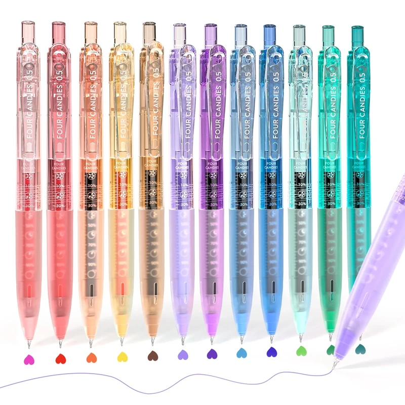 Four Candies 12Pack 0.5mm Quick Dry Retractable Gel Pen Set, Cute Transparent Fine Point Multicolor Note Taking Aesthetic lnk Pens, Comfort Grip 12 Ink Colors Drawing Writing School Office Home