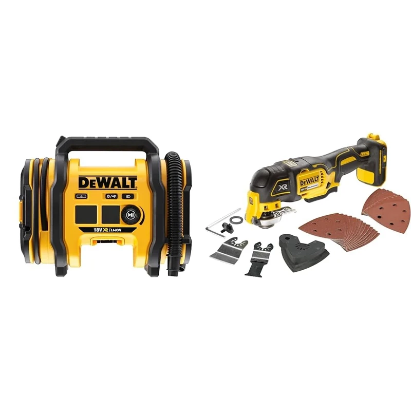 DEWALT DCC018N-XJ Akku-Kompressor DCC 018 N 18 Volt Triple Source Inflator, Black/Yellow & DCS355N-XJ Oscillating Multi-Tool 18V Li-Ion Cordless Brushless Battery Powered, Large