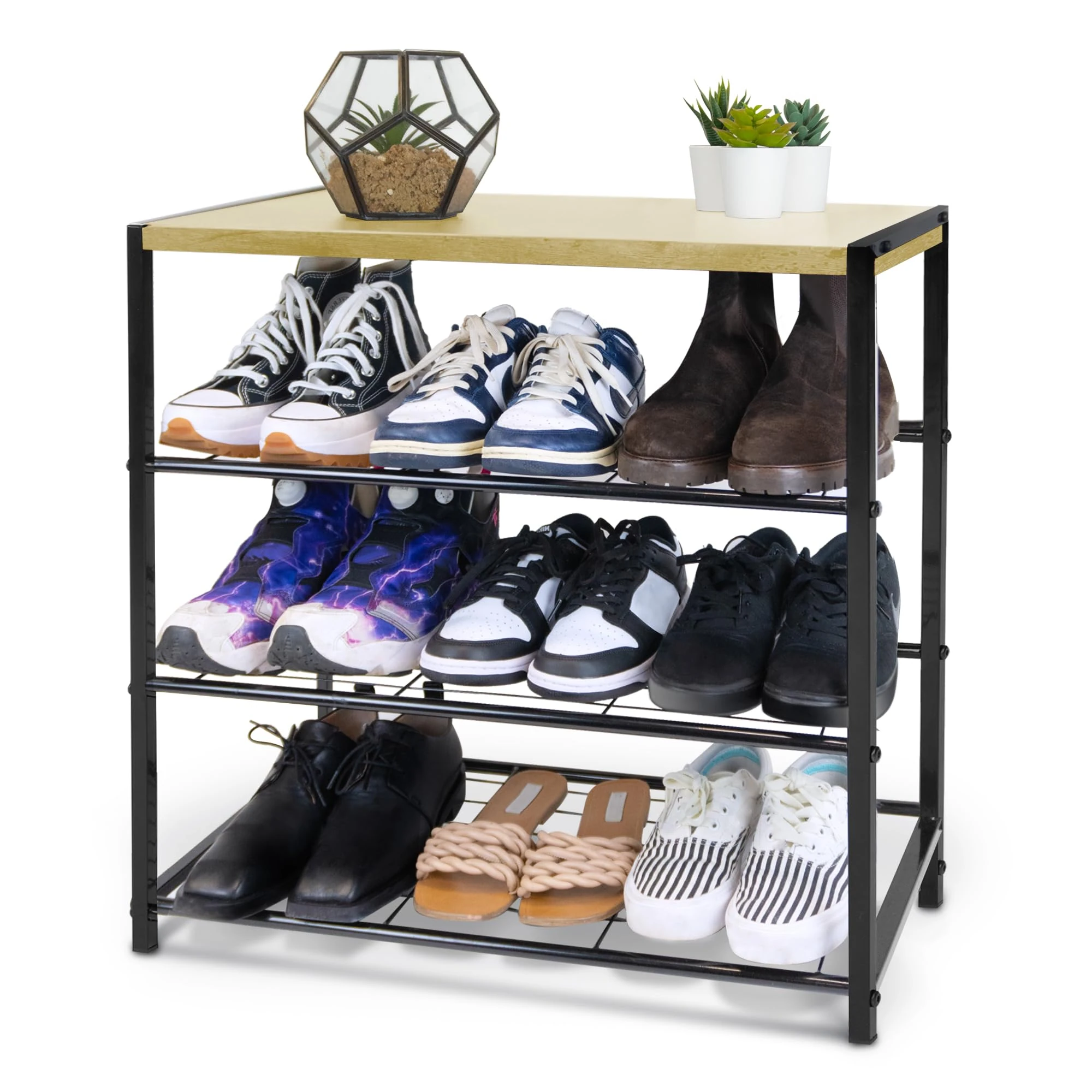 KEPLIN 4 Tier Shoe Rack with Shelf - Stylish Entryway Organiser, Easy Assembly, Sturdy & Durable Iron & Wood Design- Storage Solution for Home, Hallway, Bathroom & Bedroom (63x59x30cm)- Greige