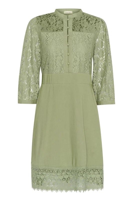 Cream Women's Dress Knee Length 3/4 Sleeves Lace Mandarin Collar Button Neck, Oil Green, 12