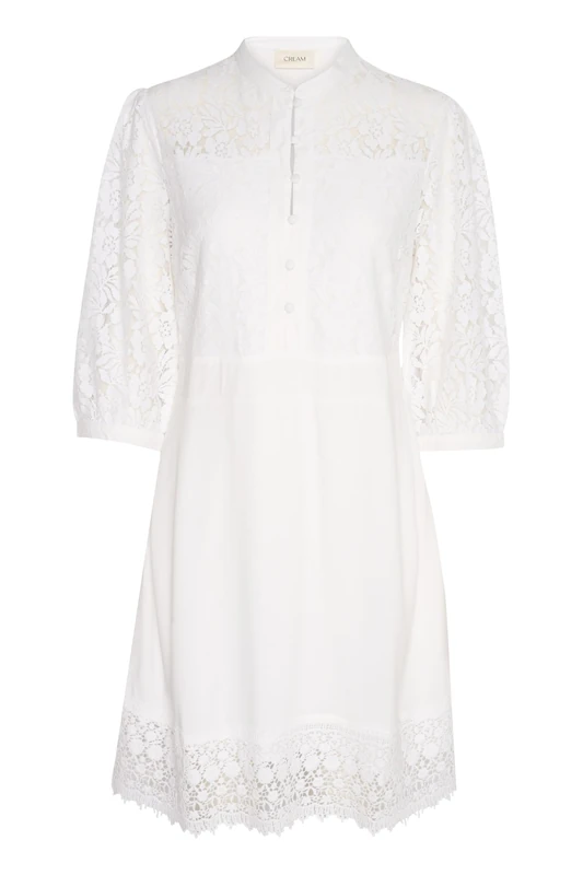 Cream Women's Dress Knee Length 3/4 Sleeves Lace Mandarin Collar Button Neck, Snow White, UK 10.5
