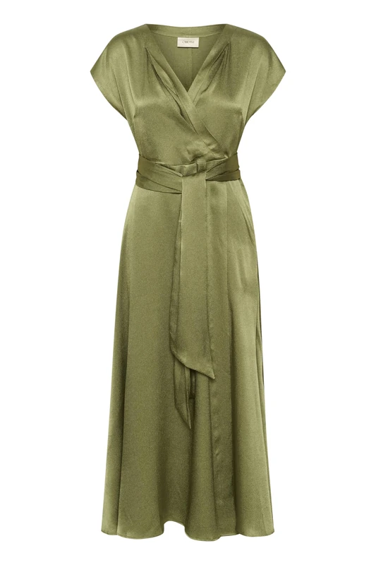 Cream Women's Wrap Dress V-Neck Short Sleeves Ankle Length Regular Fit Tie Waist, Oil Green, 12