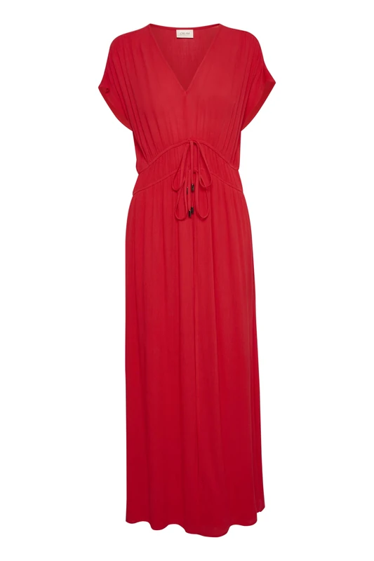 Cream Women's Maxi Dress V-Neck Drawstring Waist Short Sleeves Regular Fit, High Risk Red, 16