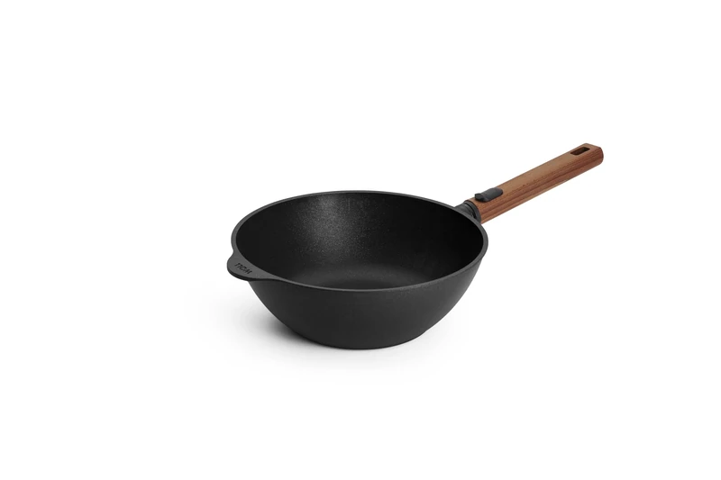 Woll Eco Logic QXR Wok and Stirring Pan and Mixing Pan Inductive Diameter 24 cm 10 cm High with Removable Sustainable Wooden Handle Suitable for All Hob Types PFAS-Free Non-Stick Coating - Image 1