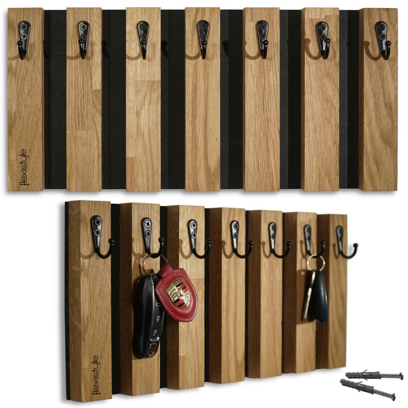 FLEXISTYLE Slats Key Rack Coat Rack, Wood, Oak, Hook Rack, Coat Hook, Wall Hook, Stainless Steel, Wall Coat Rack, Coat Rack, Coat Panel, for Hallway, Children's Room, Bedroom (40 cm, 7 Hooks)