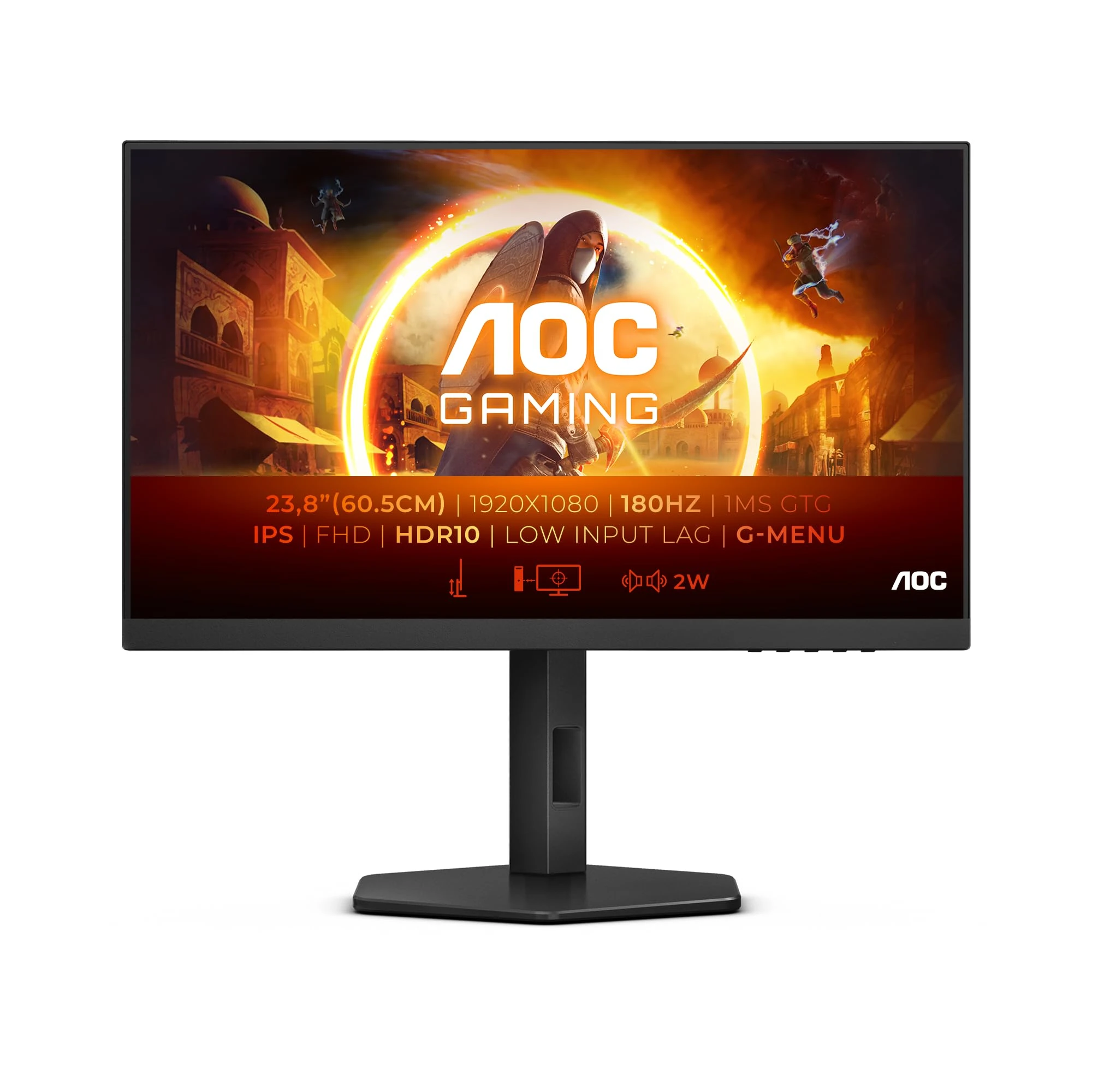 AOC Gaming 24G4X - 24 Inch FHD Monitor, 180Hz, IPS, 1ms GtG, FreeSync, Gsync compatible, Speakers, HDR10, Game Modes, Height Adjust (19820 x 1080 HDMI 2.0 / DisplayPort 1.4)