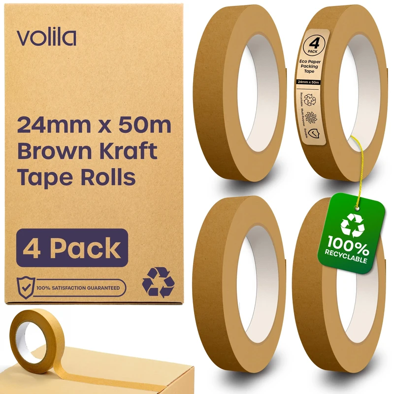 volila Paper Tape - 4 Pack Brown Kraft Tape Rolls - Heavy Duty Paper Packaging Tape for Moving House, Boxes, Framing, and Packaging - Recyclable Paper Parcel Tape with Strong Adhesive (24mm x 50m)