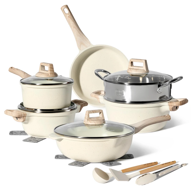 JUST Perfect Induction Cookware and Non-Stick Frying Pans 15 Pi-s Cooking Pots 24 cm, 18 cm, Induction Frying Pans 24.5 cm Deep Pan with Lid 24 cm Saucepans for Induction Included Spatula