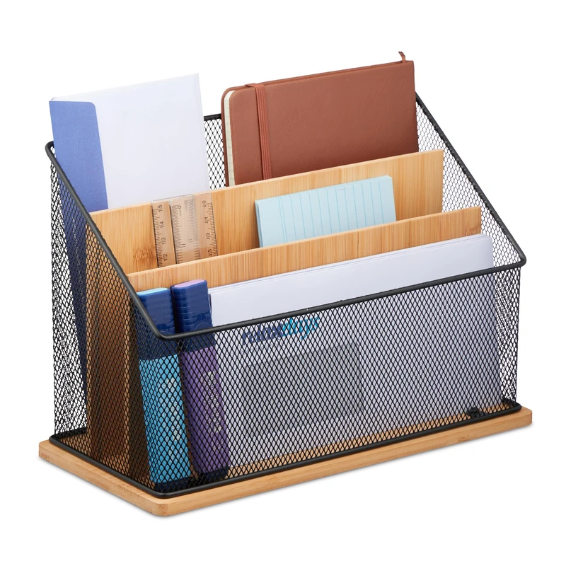 Relaxdays Document Holder, 3 Compartments, Metal & Bamboo, Upright Letter Stand, HxWxD: 20 x 29 x 14 cm, Natural/Black