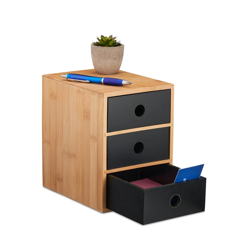 Relaxdays Desk Organiser, 3 Drawers, Bamboo & MDF, HxWxD: 21 x 15 x 20 cm, Office Stationary Box, Storage, Natural/Black