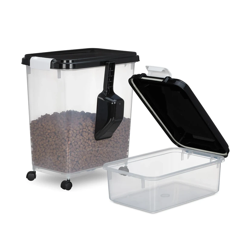 Relaxdays Dog Food Container, Set of 2, 10L and 30L, Lid, Castors, Scoop, Feeding Storage Bin, Transparent/Black, 46 x 26.5 x 41 cm