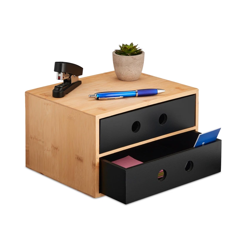 Relaxdays Desk Organiser - Bamboo 2 Drawer Storage Box