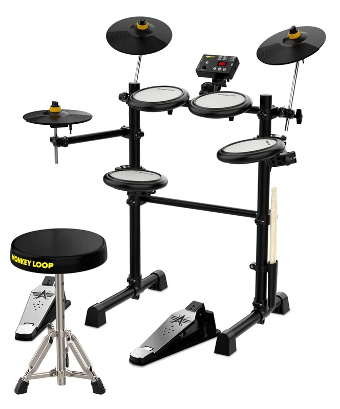 MONKEY LOOP ML-Edrum 10 – 7 Piece Musical Electronic Drum Set – 12 Realistic Presets – 100+ Sounds – Auxiliary Conetivity, Headphones and USB – Includes Metronome, Headphones and Drumsticks