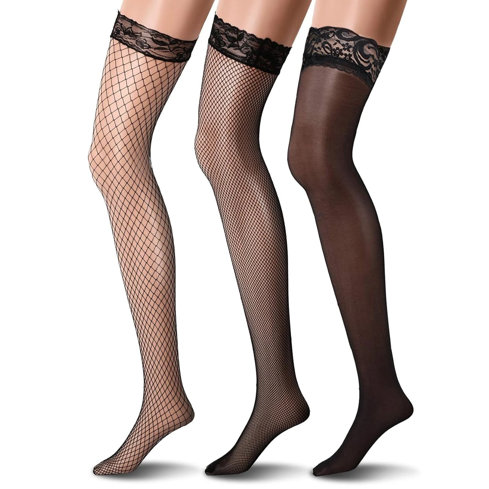 Leogony 3Pairs Hold Up Stockings for Women Black, Sexy Fishnet Stocking for Suspenders, Ladies Lace Top thigh high Stockings